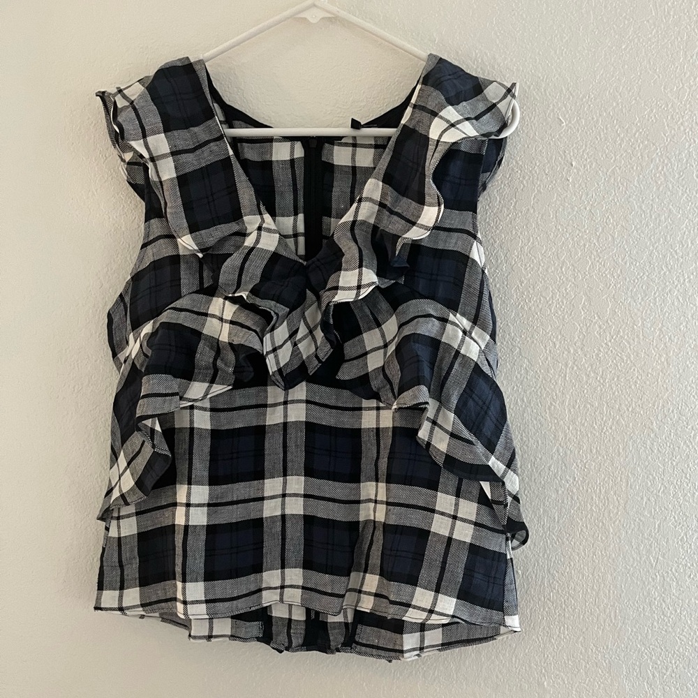 Marissa Webb navy plaid ruffle sleeveless top